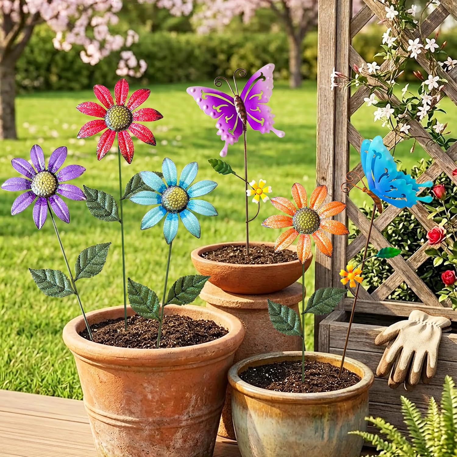 6Pack Metal Flowers for Outside，16.15" Decorative Garden Stakes | Metal Flowers &Butterfly Stakes For Spring Decor