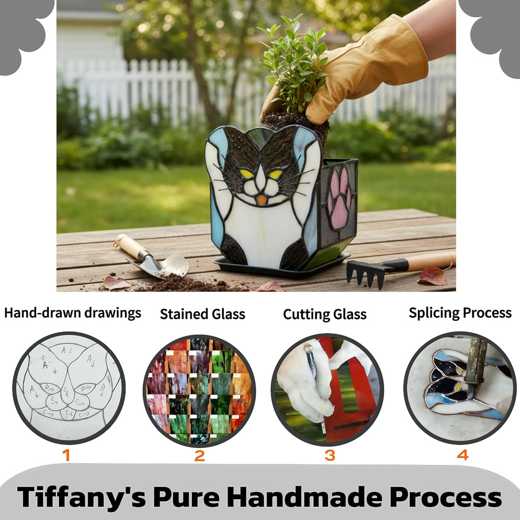 Stained Glass Black Cat Planter, Succulent Pot with Drainage, Indoor Plant Container, Decorative Pencil Holder, Teacher