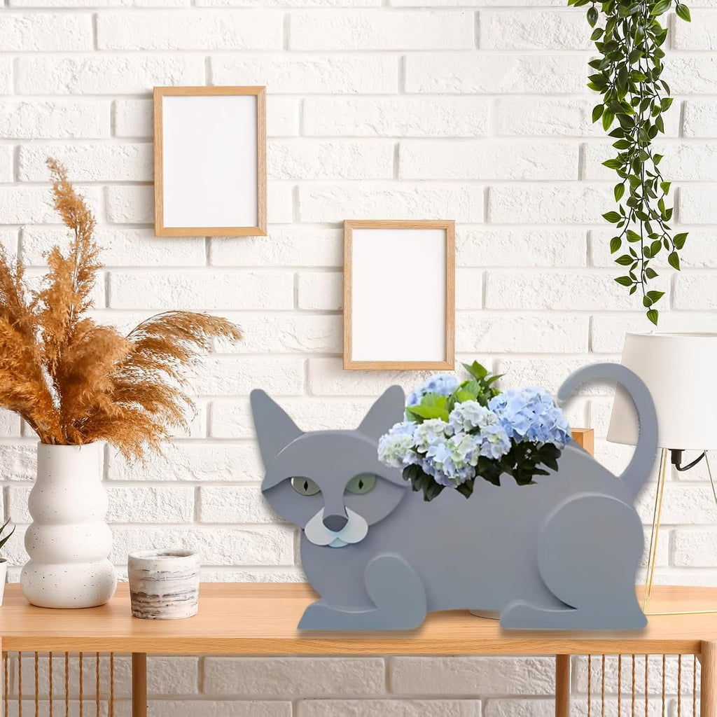 British Short Cat Planter Pots, Animal Shaped Flower Pot | Cute Plant Gift for Women and Pet Lovers, Indoor Outdoor