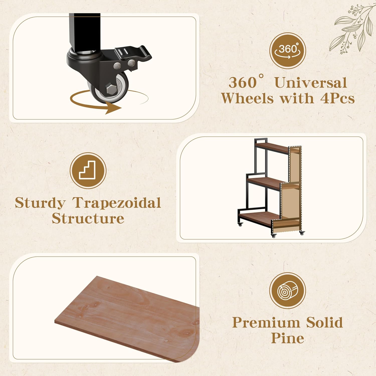 3 Tier Plant Stand with Wheels, Wooden Indoor Plant Shelf Rack,Brown | Rolling ladder plant shelf with solid wood &