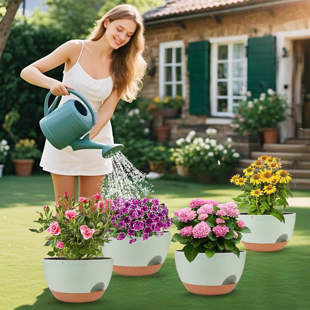 Vanslogreen Plant Pots 12inch Self Watering Pots, Set of 2 Plastic Planters with Drainage Holes and Saucers, Flower