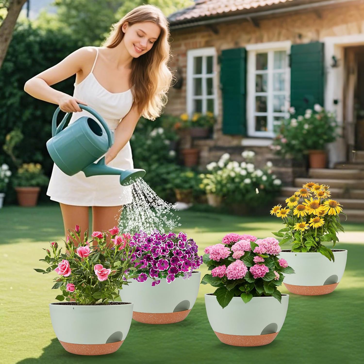 Vanslogreen Plant Pots 12inch Self Watering Pots, Set of 2 Plastic Planters with Drainage Holes and Saucers, Flower