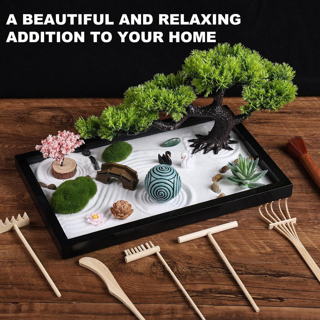 Zen Garden Kit for Desk Decor - Premium Beautiful Japanese Mini Zen Sand Garden Box Set for Home, Office with Black