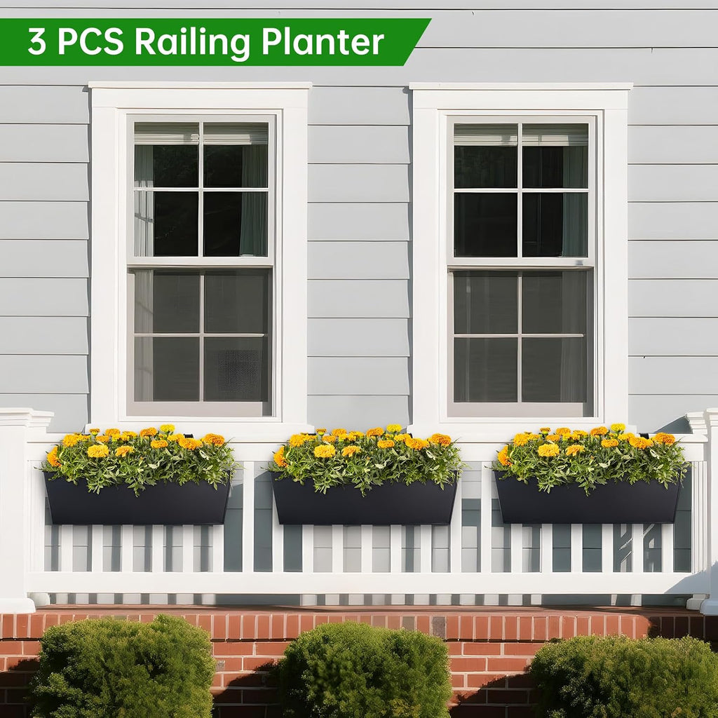 16“ Large Hanging Planters for Outdoor Plants, Railing Planter Box, 3 Pack | Balcony Planters with Detachable Wide