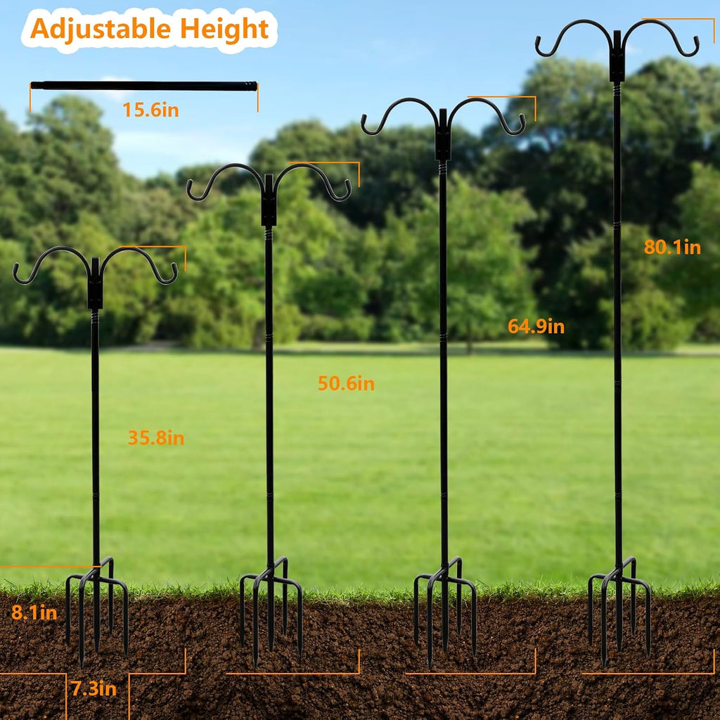 Shepherds Hooks Outdoor 80" Adjustable 2 Pack 5-Prong Base for Bird Feeders | Heavy Duty Double Garden Hooks for
