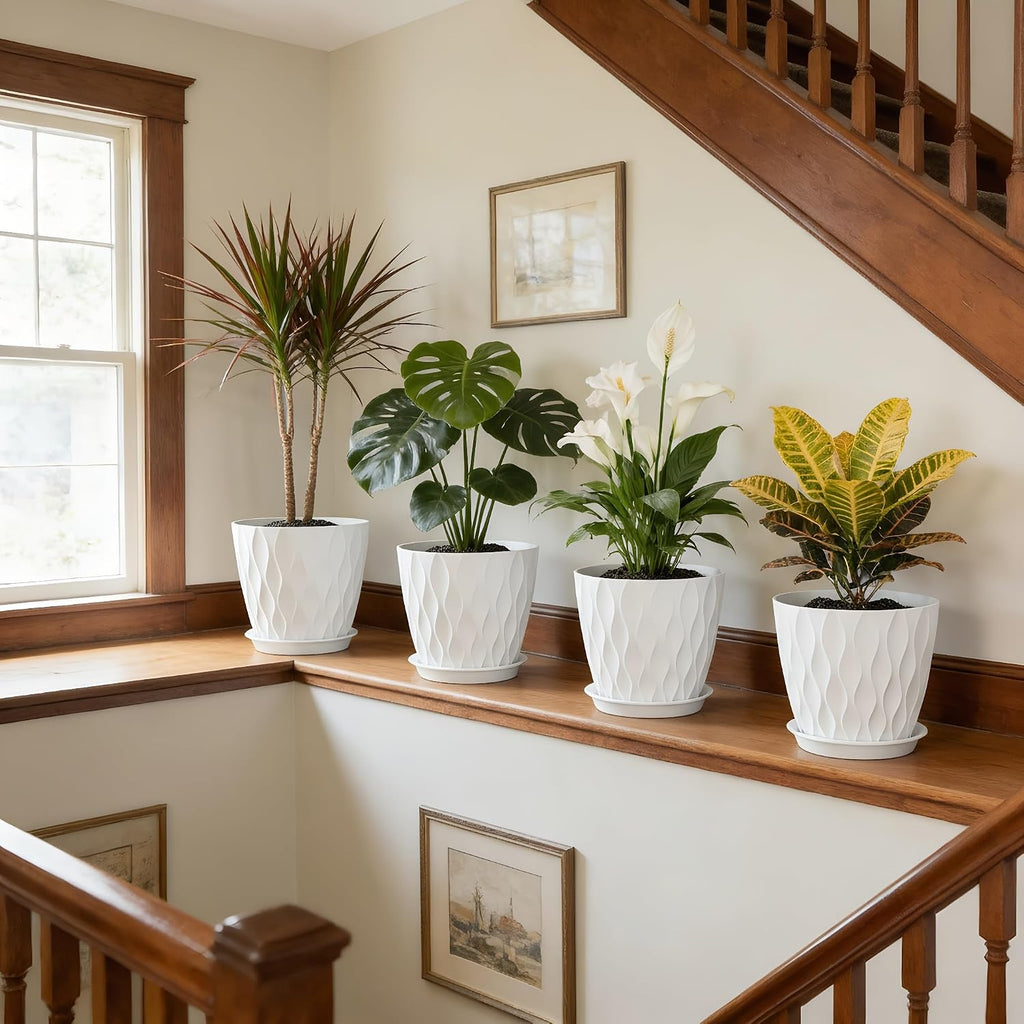 UOUZ 8 Inch Plant Pots, 4 Pack Plastic Planters for Indoor Outdoor with Drainage Holes & Saucers, Waffle Texture Flower