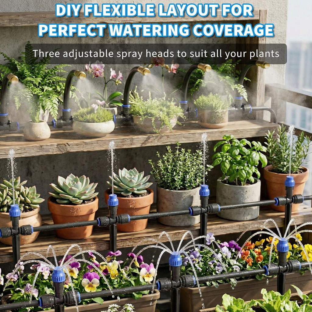 Drip Irrigation System 130FT with 10 Bendable Nozzles, 10 Misting Emitters, 10 8-Outlet Drip Emitters, 1/2 & 1/4 Inch