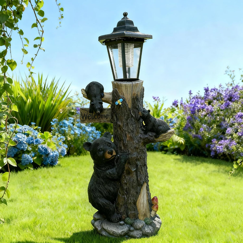19 Inches Bear Statue Welcome Sign Garden Statue with Solar Lights | Resin Bear Family on The Tree, Outdoor Bear Décor