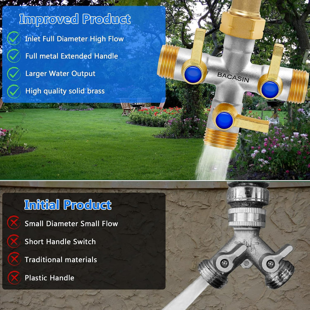 Brass Garden Hose Splitter, 3 Way Hose Splitter, Outdoor Hose Splitter, GHT 3/4 In, Female Inlet And 3 Way 3/4 In