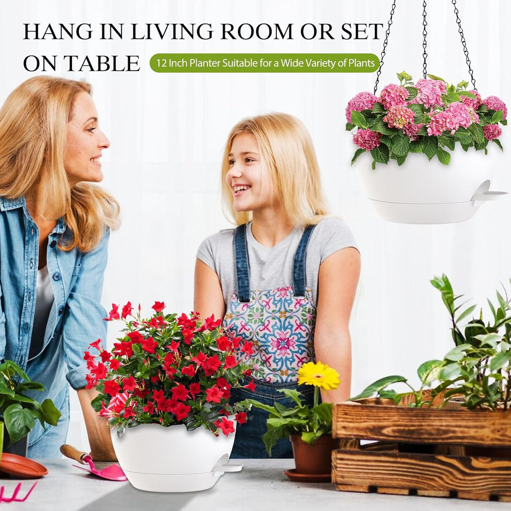 12 Inch Hanging Baskets 2 PC with Chains, Self-Watering Hanging Planters for Indoor Outdoor Plants, Plastic Hanging
