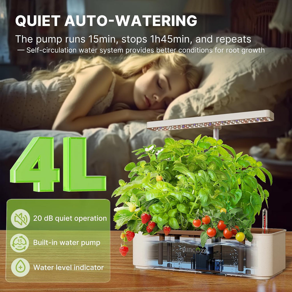 Hydroponics Growing System, Compact 12 Pods Indoor Garden, Beige | 24W LED Dimmable Grow Light, 4L Water Tank with