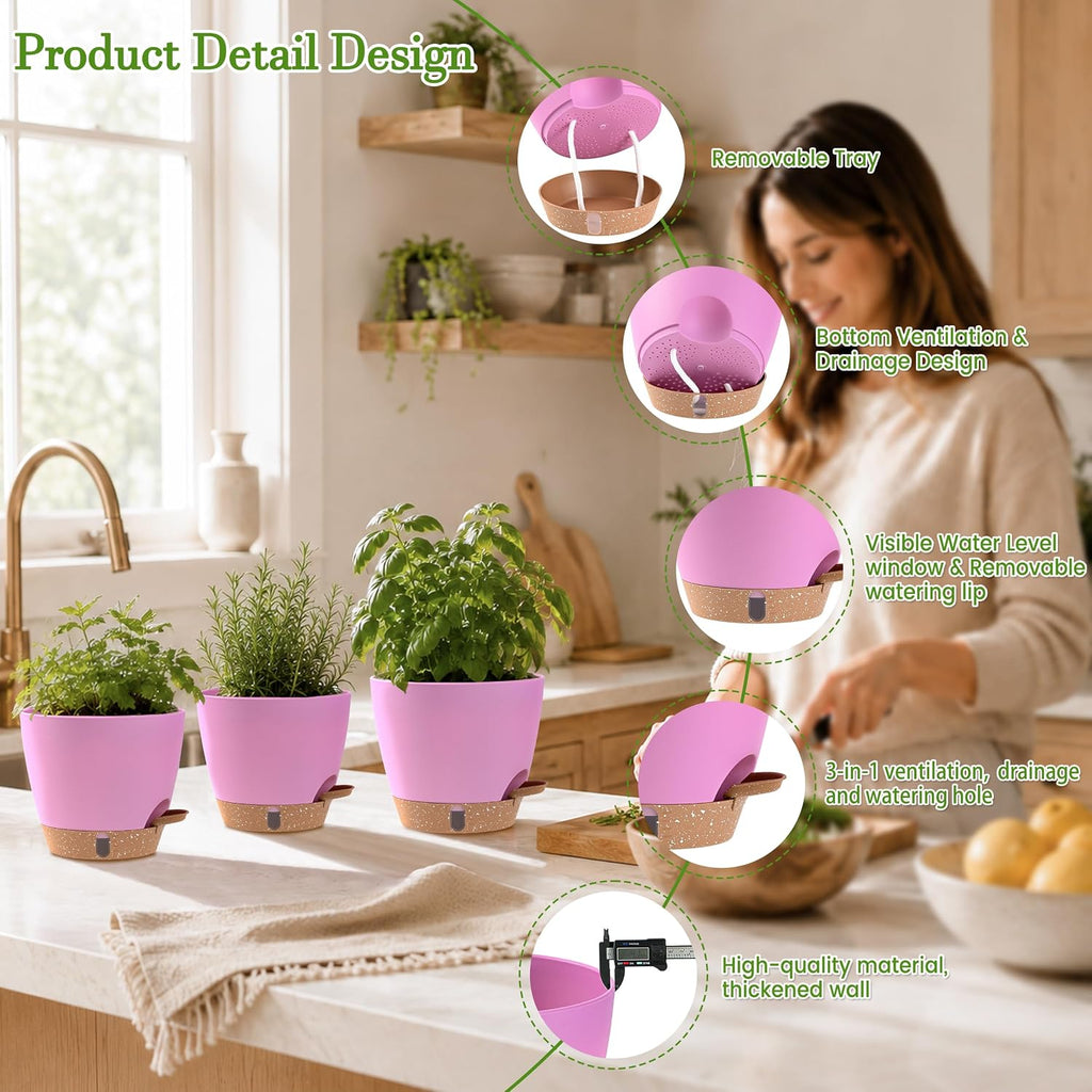 Self Watering Pots for Inoor Ourdoor Plants 8/7/6.5/6/5 Inch, 5 Pack | Plastic Planters with Drainage Holes & Water