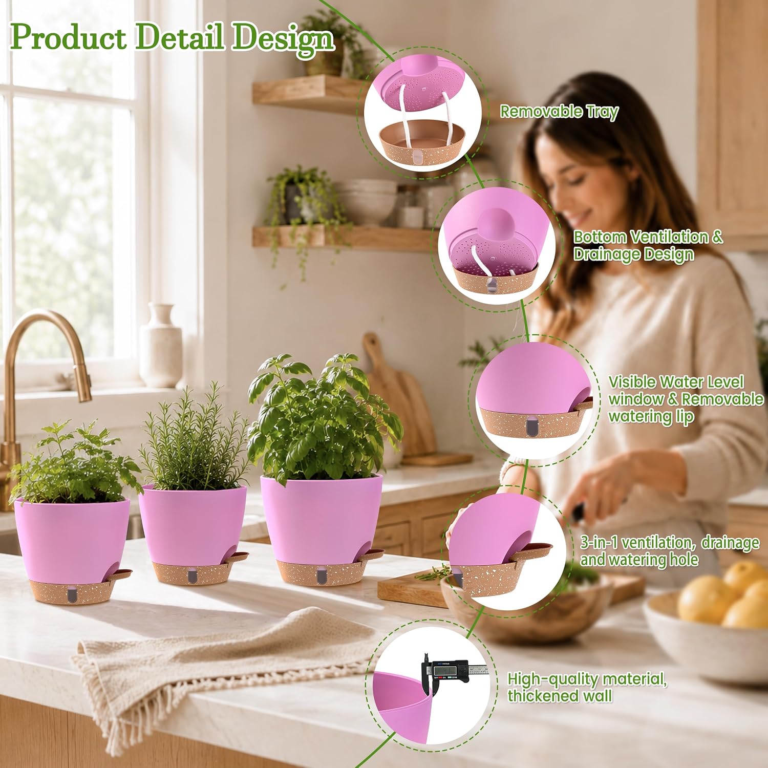 Self Watering Pots for Inoor Ourdoor Plants 8/7/6.5/6/5 Inch, 5 Pack | Plastic Planters with Drainage Holes & Water