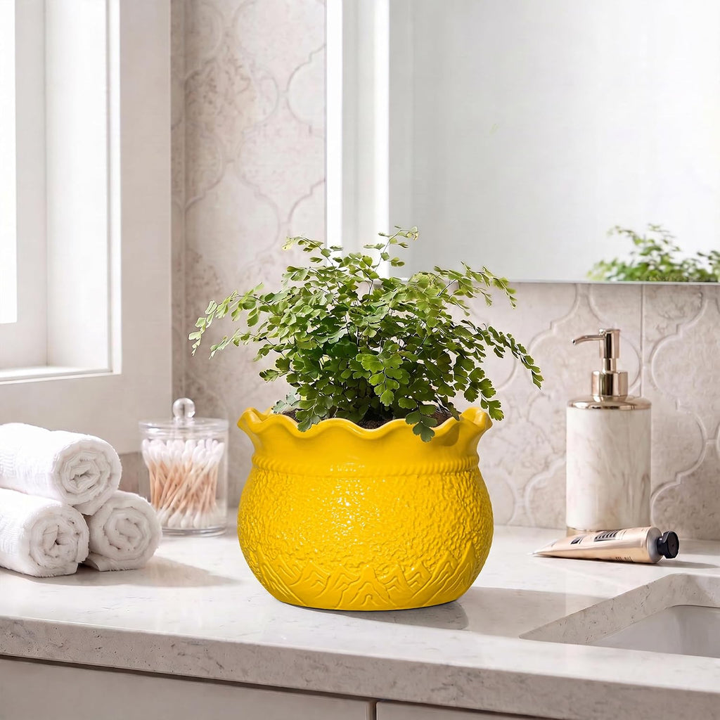 Ceramic Plant Pots, 6 Inch Indoor Planter with Drainage, Yellow | Decorative Flower Pots for Indoor Plants, Unique