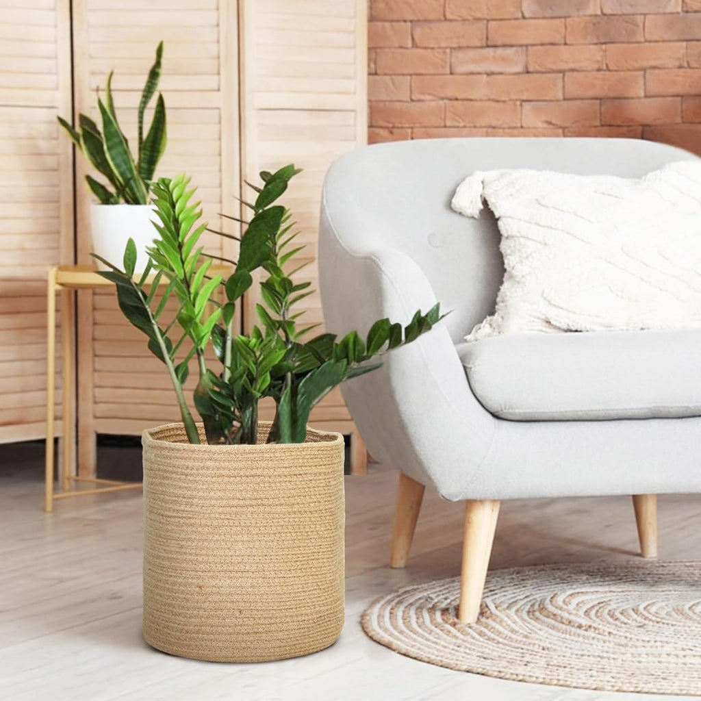 Woven Jute Plant Basket, Wicker Basket Planter for 11 inch Pot, Round Indoor Tree Pot Cover, Small Boho Storage Bin