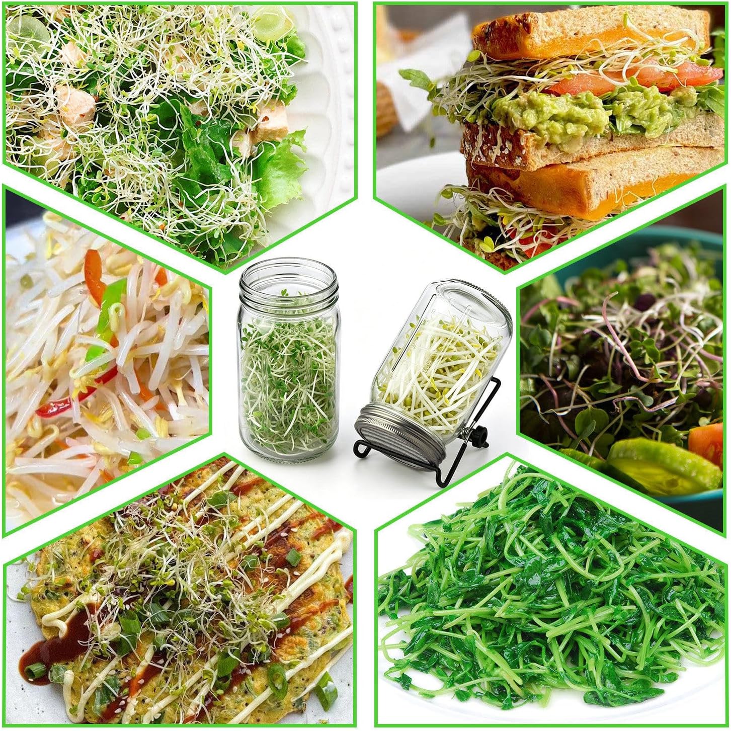 Sprouting Jar Kit 4 PCS 1000ml(35oz) Wide Mouth Mason Jars with 304 Stainless Steel Sprout Lids Drain Tray Stainless