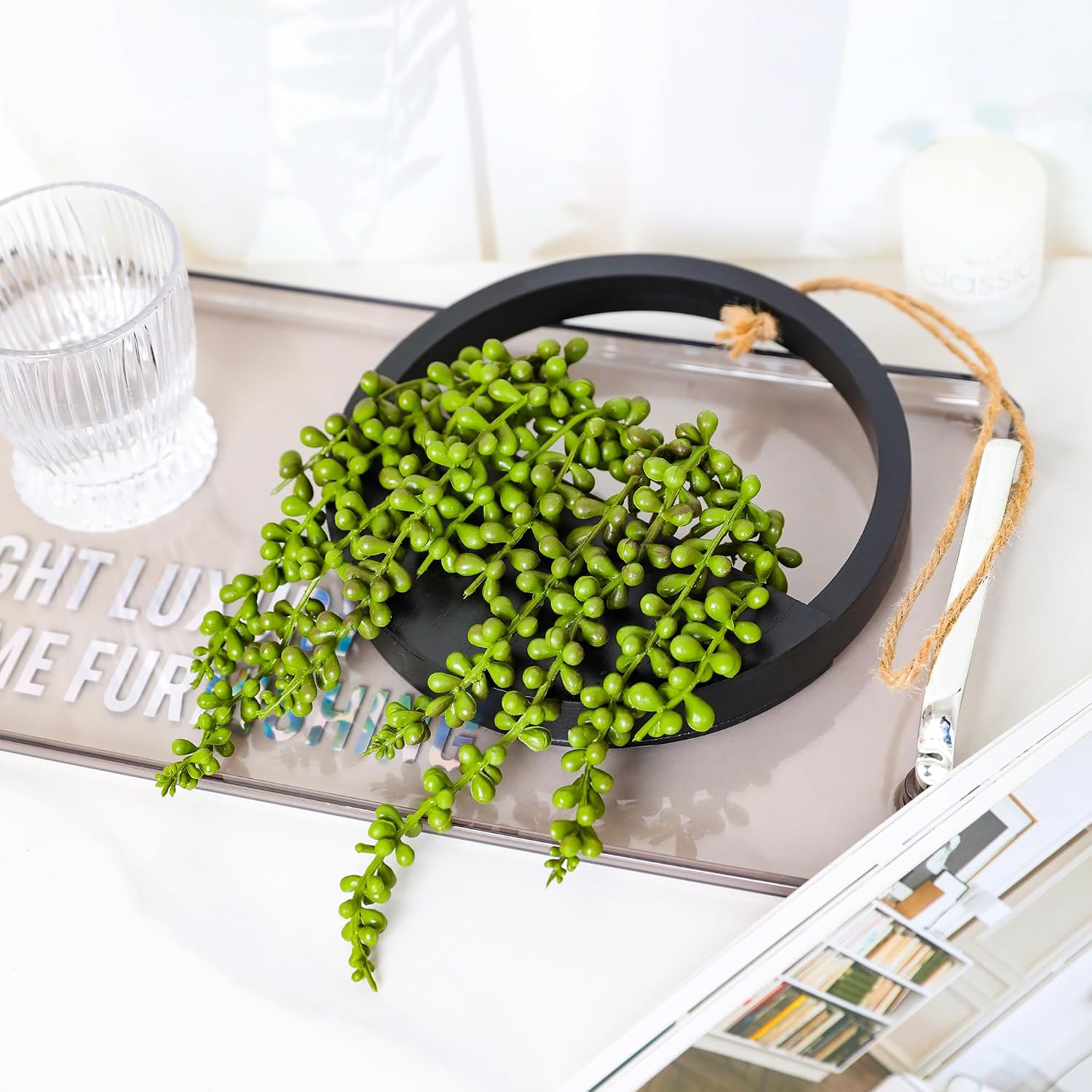 2pcs Artificial Succulents Hanging Plants 12.2'' Fake String of Pearls in Pot with 8.3'' Lanyard for Indoor Outdoor