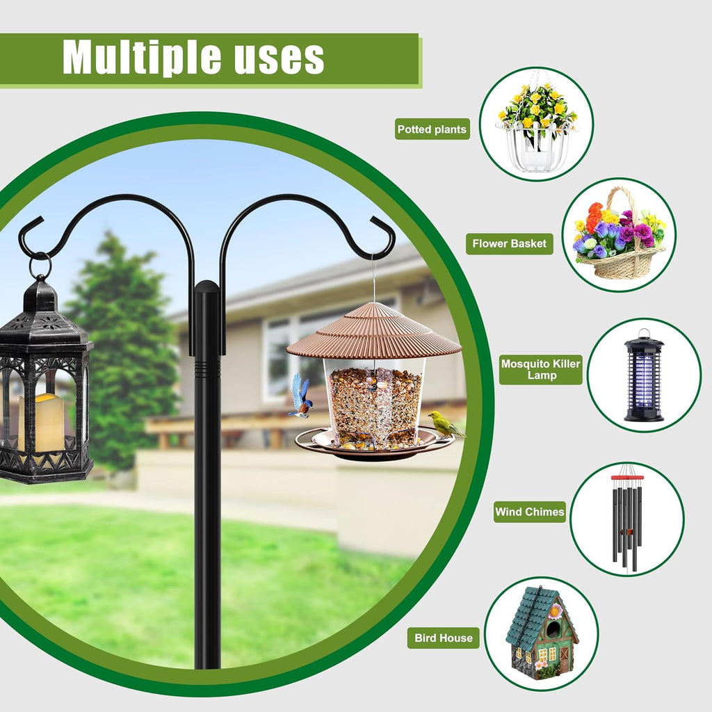 Double Shepherds Hooks for Outdoor, 2-Pack Heavy Duty Garden Pole for Hanging Bird Feeder, Plant Baskets, Solar Light