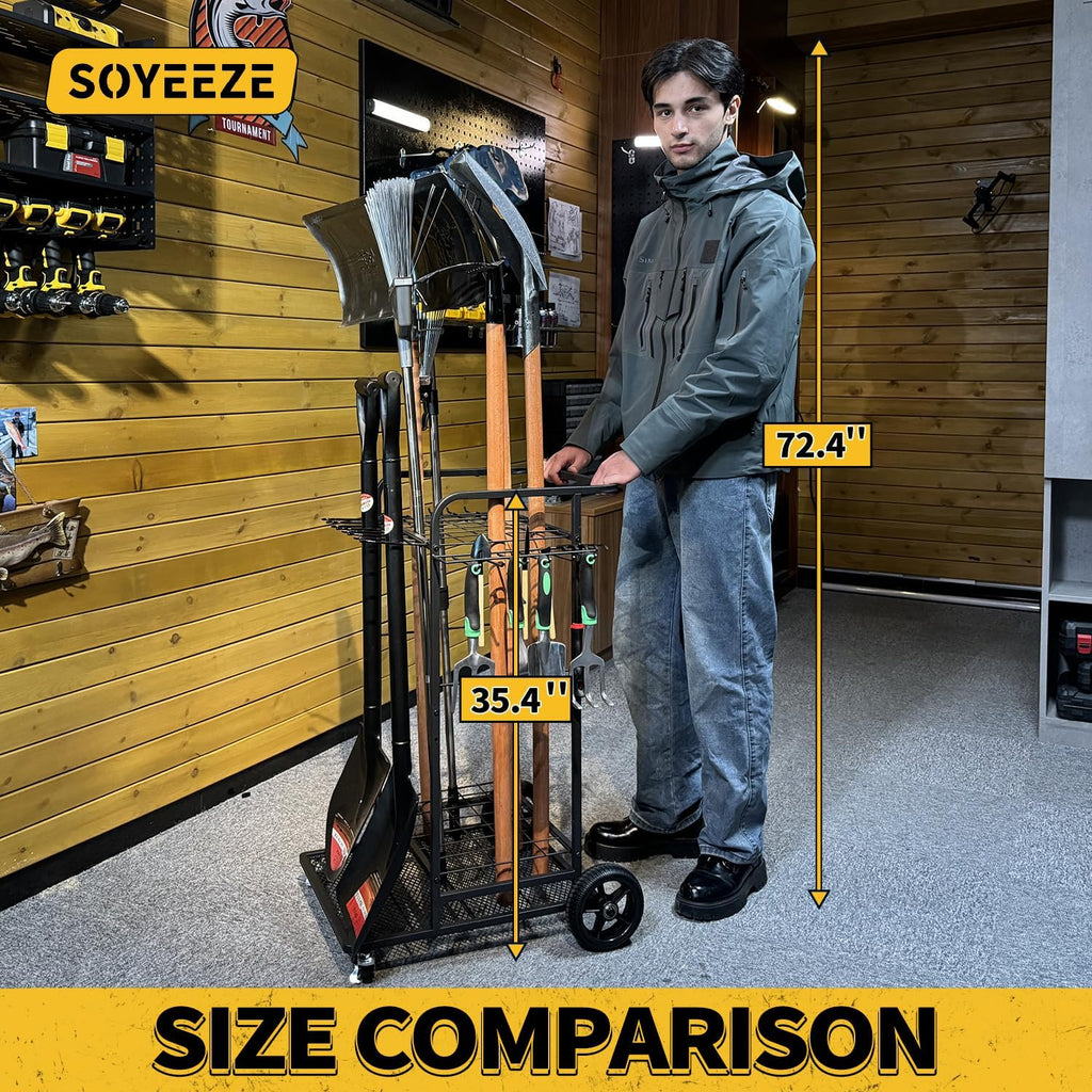 SOYEEZE Garden Tool Organizer with Large Wheels, Heavy Duty 3-Tier Yard Tower Tool Rack for Garage, Holds Up to 35