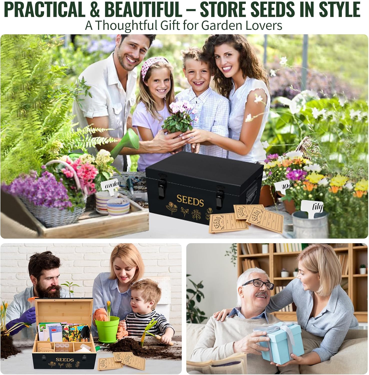 Large Bamboo Wood Seed Storage Organizer Box with Lid, Double-Layer Seal Design Seed Saving Box with Premium Coated