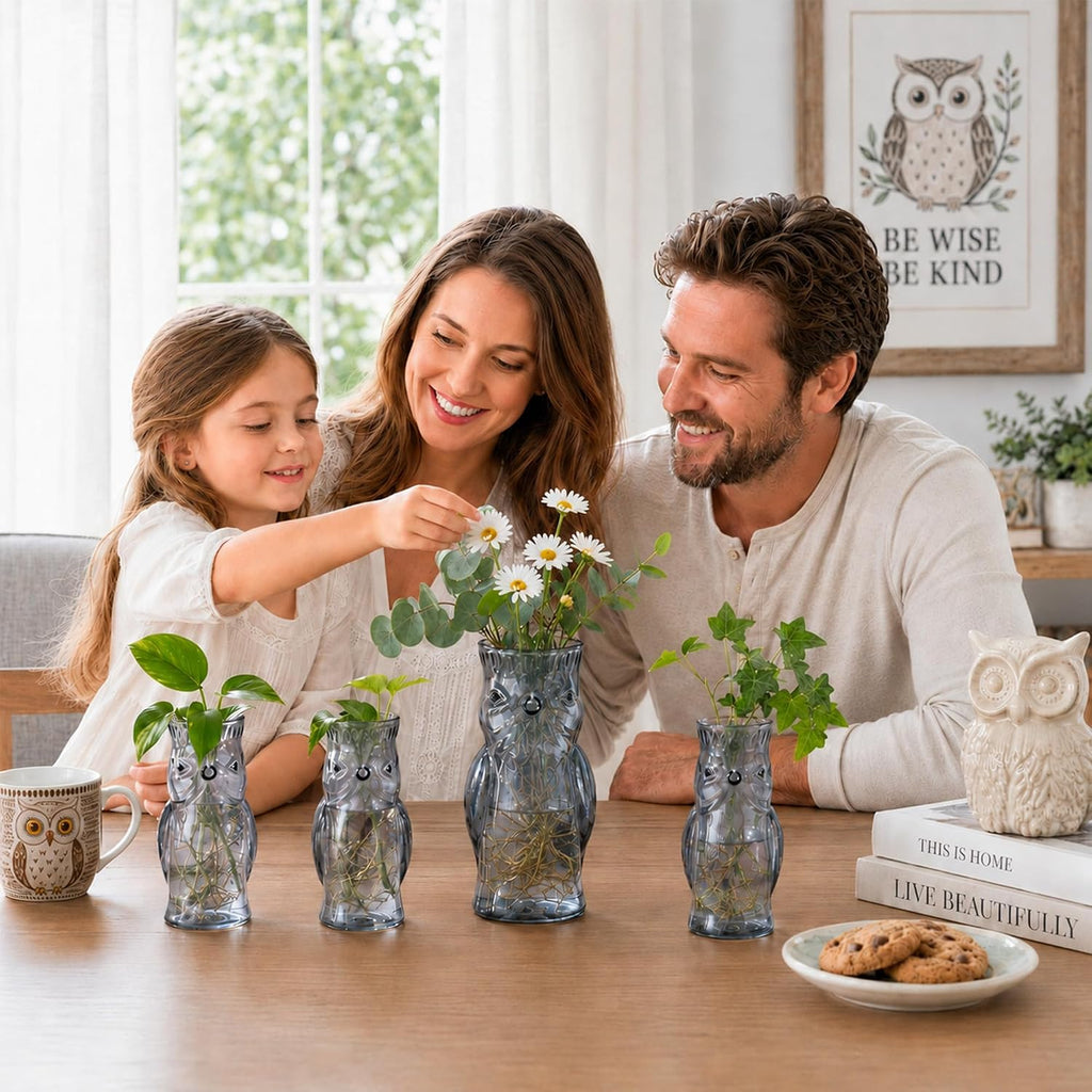 Owl Plant Propagation Station: Set of 4 Cute Grey Glass Vases | Small Plant Terrarium for Hydroponics, Home Office