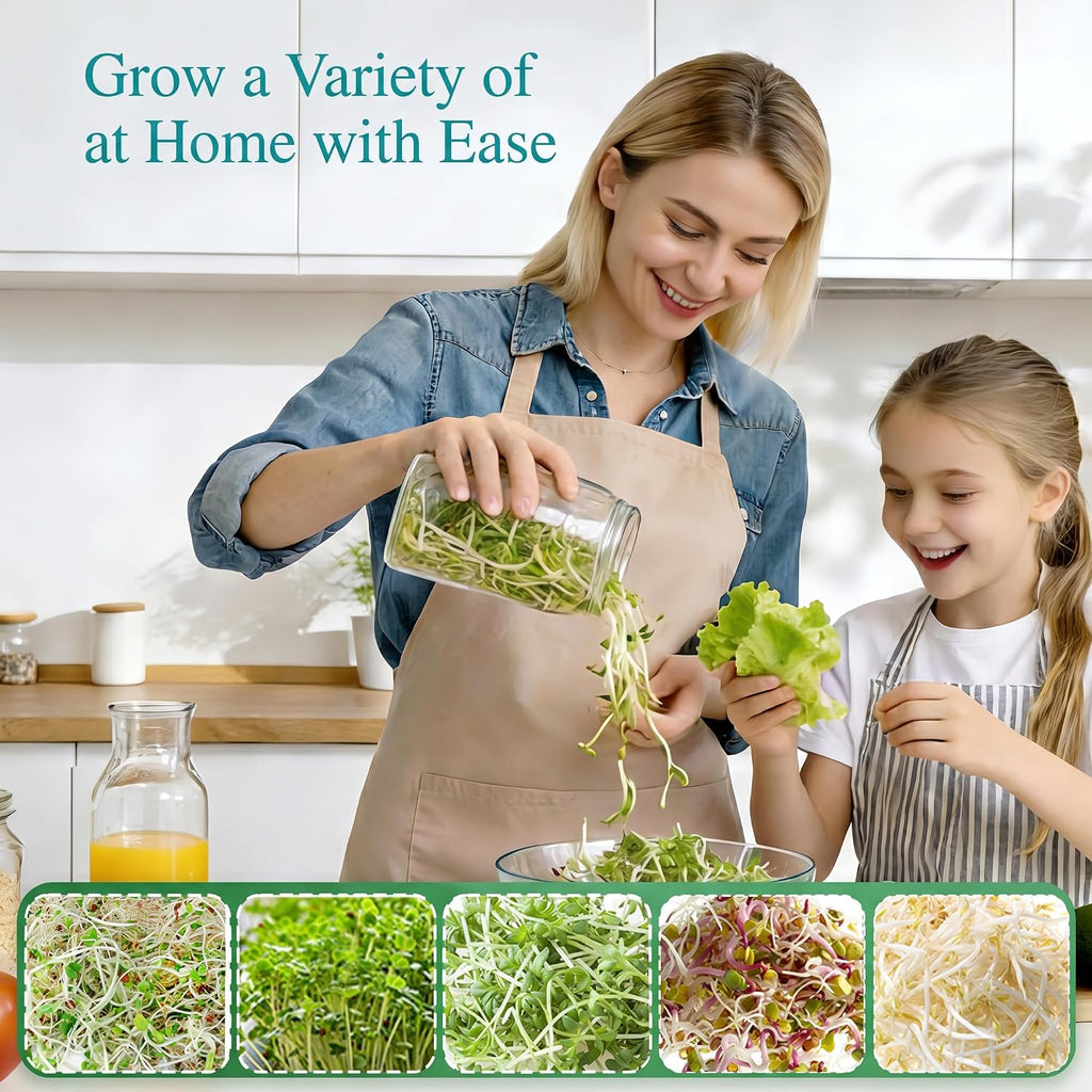 4 Pack Wide Mouth Sprouting Jar Kit, Lids, Stands, Trays & Cleaning Brushes | Glass Jar Set with with Stainless Steel