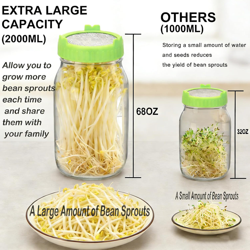  [Large Size] 68oz Sprouting Kit, 2 Sprouting Jar Kits, Wide Mouth Jars with Stainless Steel Screen Sprout Lid, 2000ml