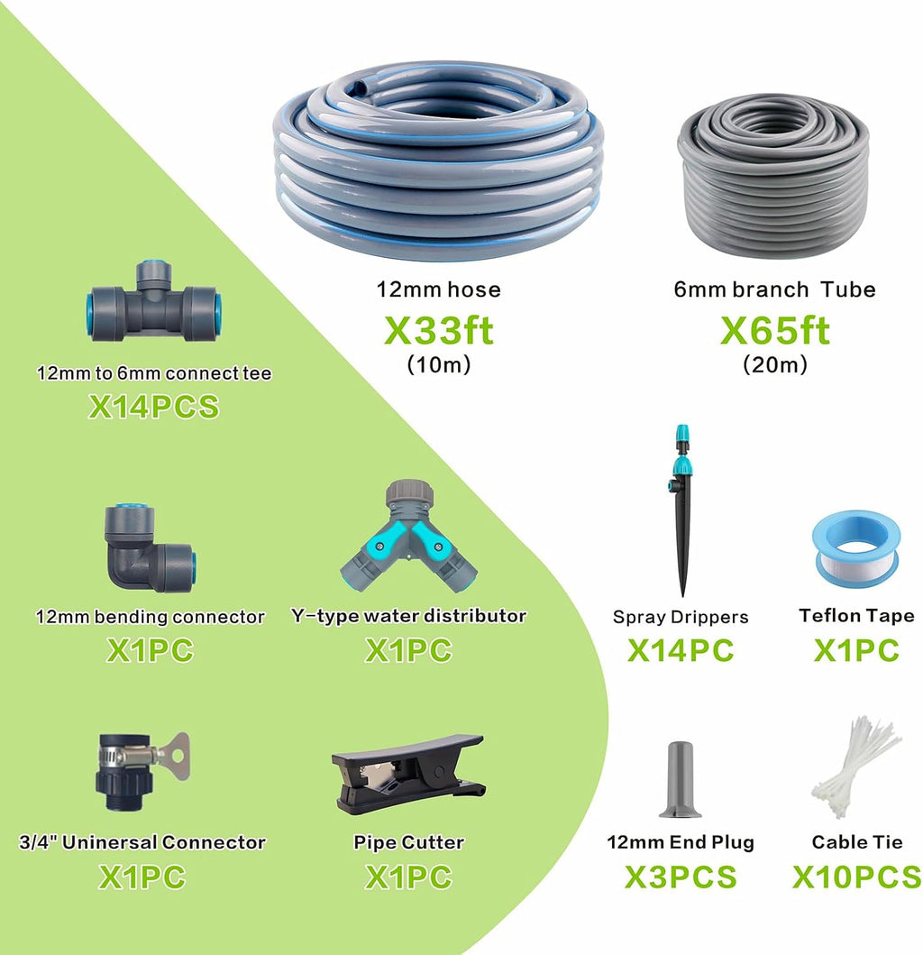 Drip Irrigation System 98ft, Fast Connect Automatic Irrigation Kit with 12mm, 6mm Blank Distribution Tubing and