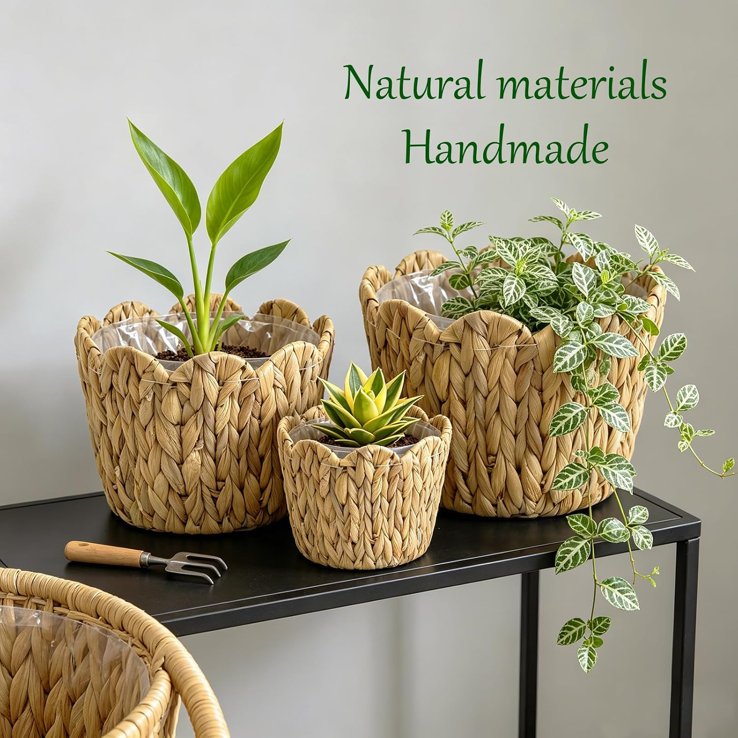 3 Pack Woven Rattan Planter Baskets, Scalloped Planter Baskets with Natural Water Hyacinth, Waterproof Liner, Wicker