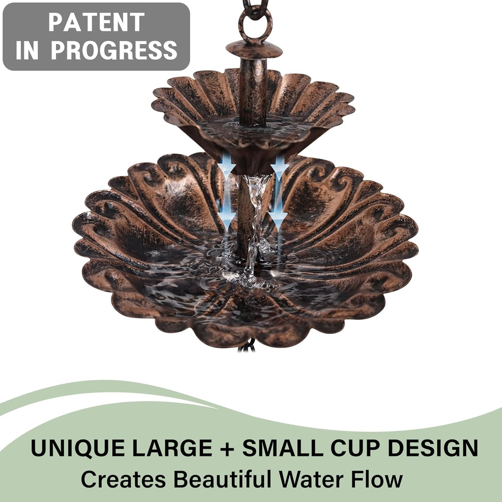 8.5FT Fountain Iron Rain Chain for Gutters and Rain Barrel+Adapter, Bronze | Rain Chains for Downspout, Rust-Prevent