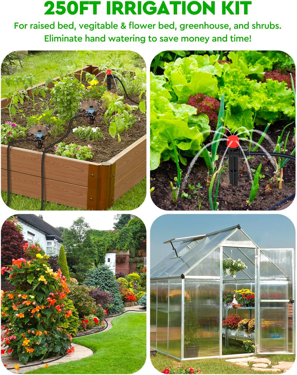 250FT Drip Irrigation System for Garden - 50FT 1/2" Main Tube & 200FT 1/4" Branch Tubing, Brass Splitter, Quick Connect