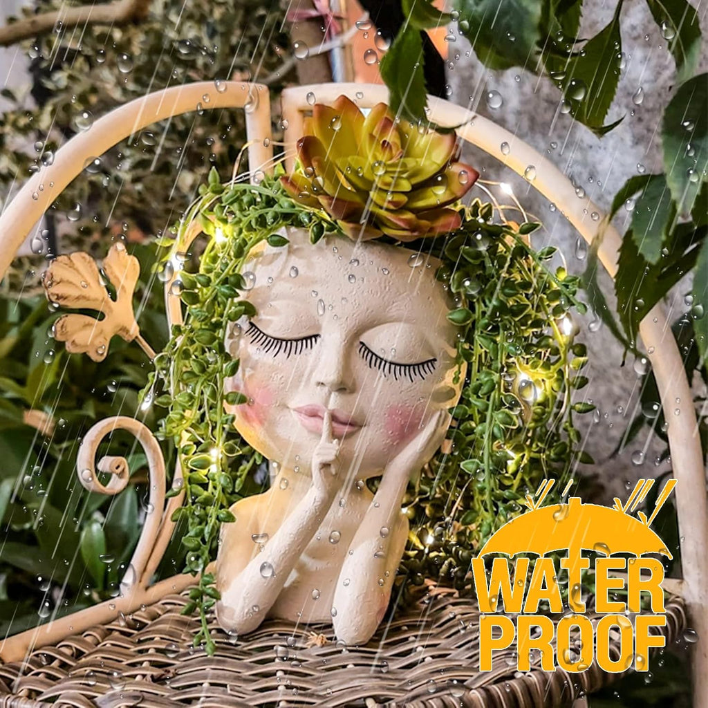 Cute Face Head Planter Pot With Solar Led String Lights & Drainage Hole | Warterproof, Long Lasting Resin Material