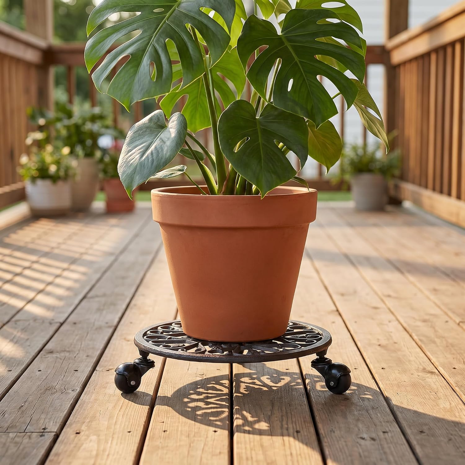 Fasmov Plant Caddy Cast Iron Plant Stand Plant Pallet Caddy Plant Pot with Heavy Duty Wheels Indoor Outdoor Planter