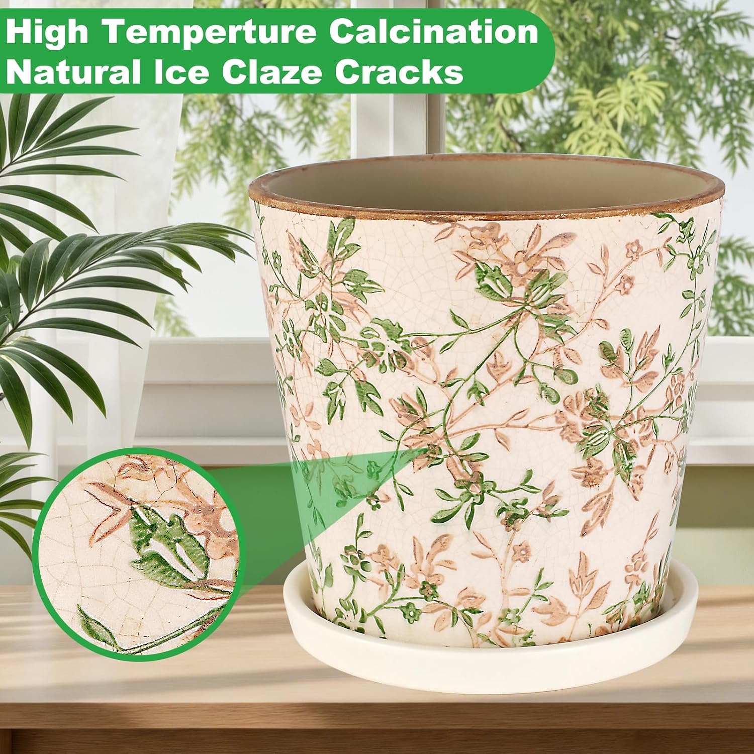Ceramic Flower Pots for Indoor Plant with Drainage Hole & Saucer | 5.5 Inch Small Ice Crack Plant Pots, Decorative