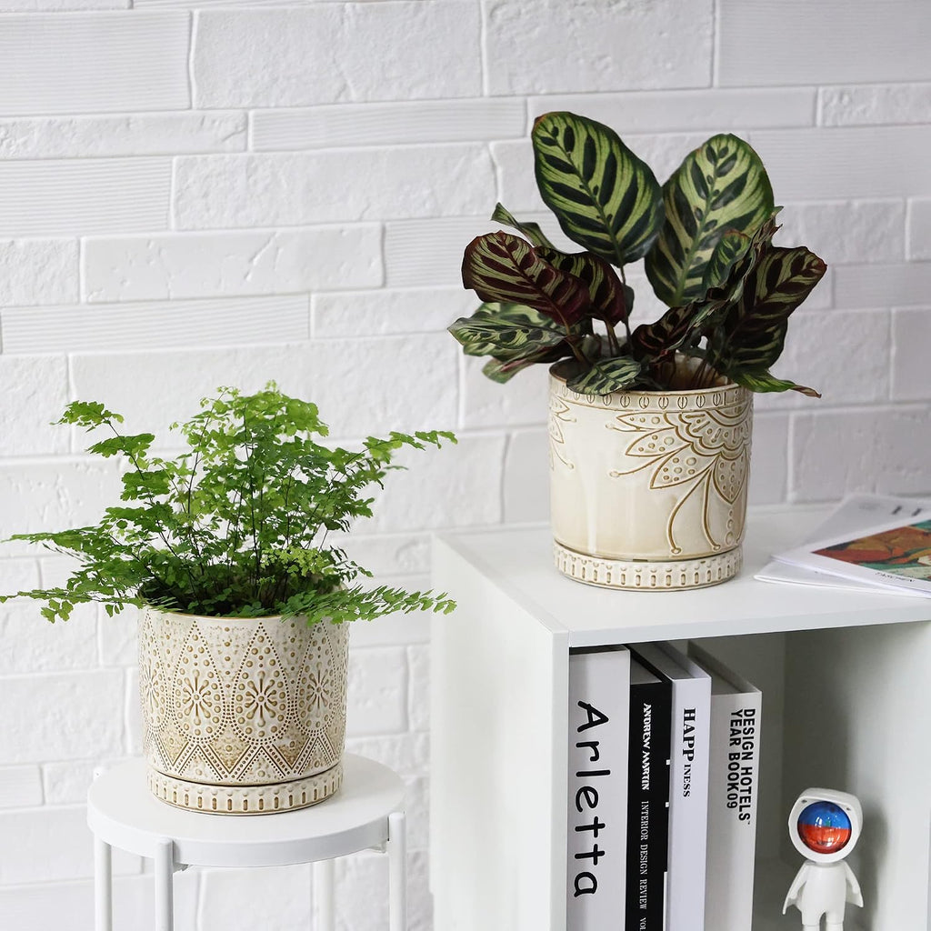 6 Inch Indoor Plant Pots with Drainage Holes and Saucers, Ceramic Planter for Plants, Flower Pot - Set of 2