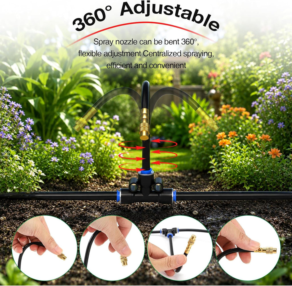 Pro-Series Drip Irrigation System, 200FT 1/4" Garden Watering System with 32pcs 360° Bendable Copper Nozzles, Leak-Free