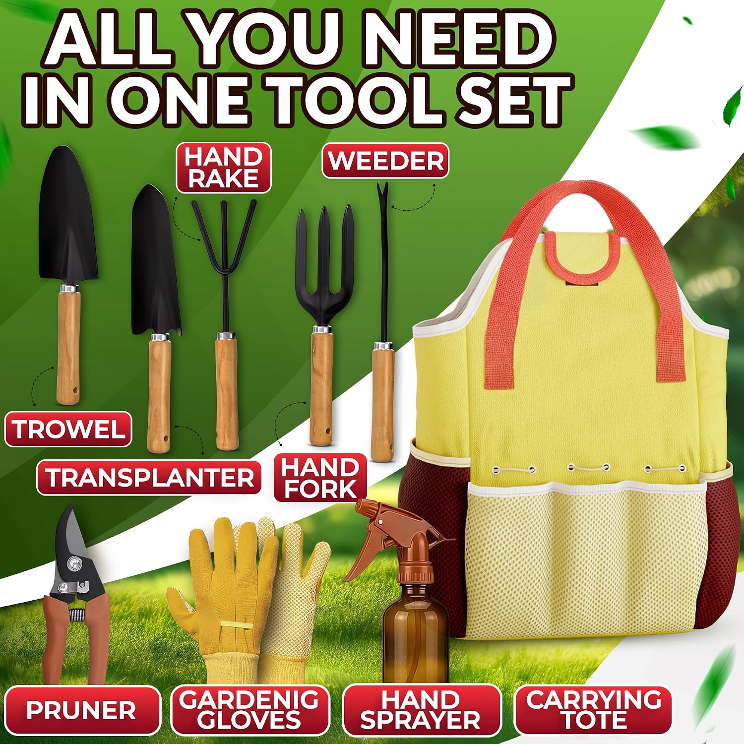10 Pcs Gardening Tool Set for Women, Rust-Resistant Steel, Tote Bag | Garden Tools Set for Plant Care, Digging