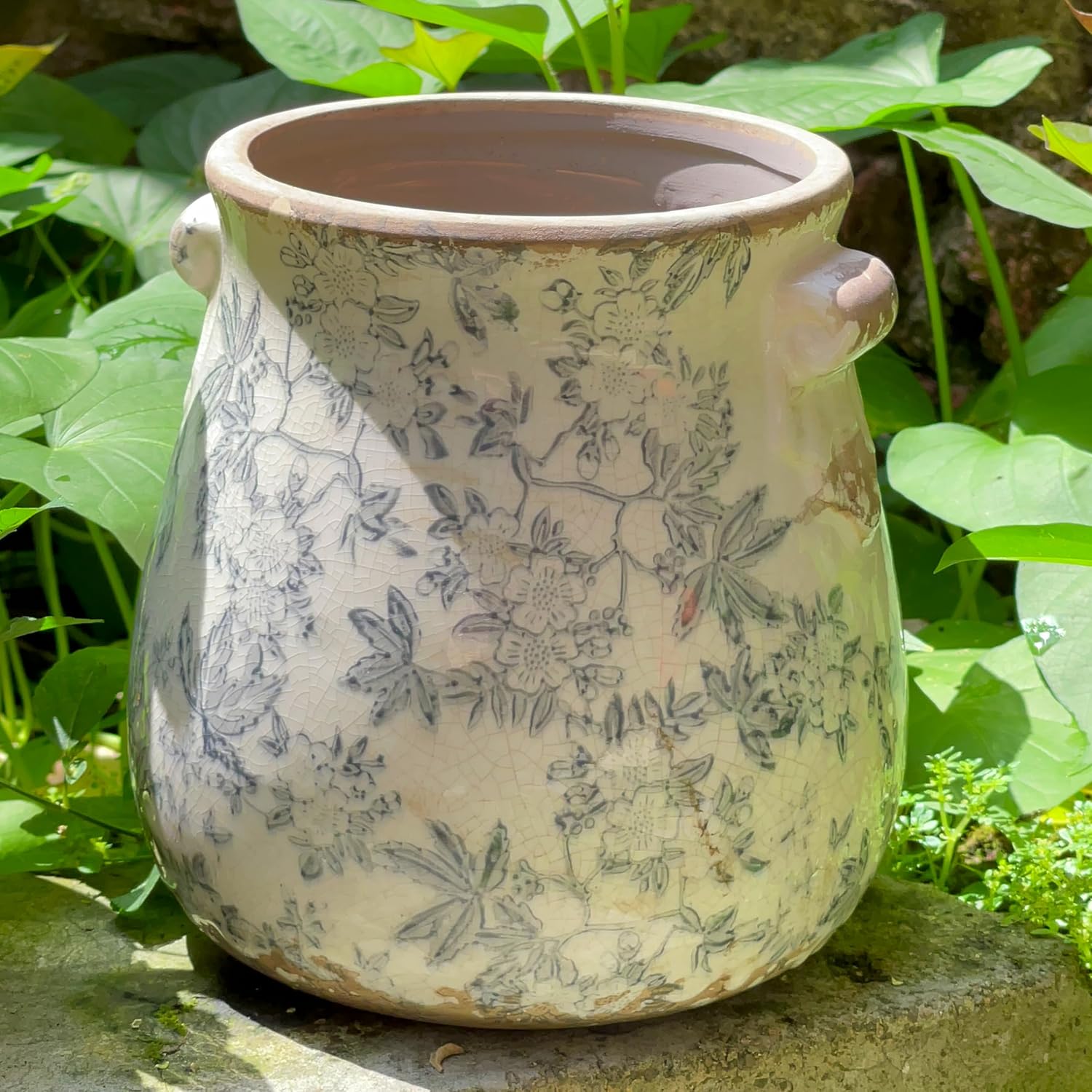 Vintage Grey Ceramic Ice Crack Glaze Flower Pot with Drainage Holes and With Handle, Country Rustic Planters for Indoor
