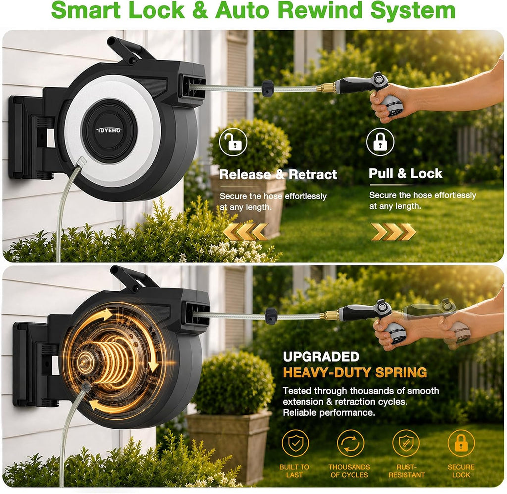 Tuyeho Heavy-Duty Automatic Retractable Garden Hose Reel 100FT Wall Mount | Lifetime Service, 2 Nozzle, Auto Rewind