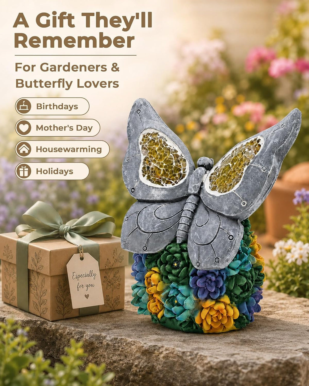 Solar Butterfly Garden Statue, Resin LED Outdoor Decor | Crackled Glass Wings, Succulent Base, Hand-Painted Detail