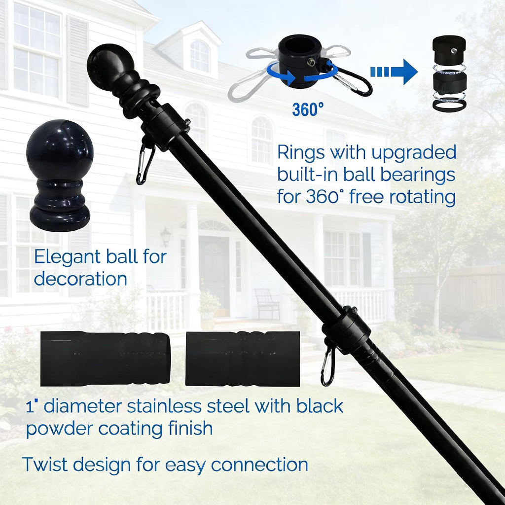 10ft Black Flag Poles in Ground for Outside, Flagpole Stand for House Ground with 5 Pronges Base