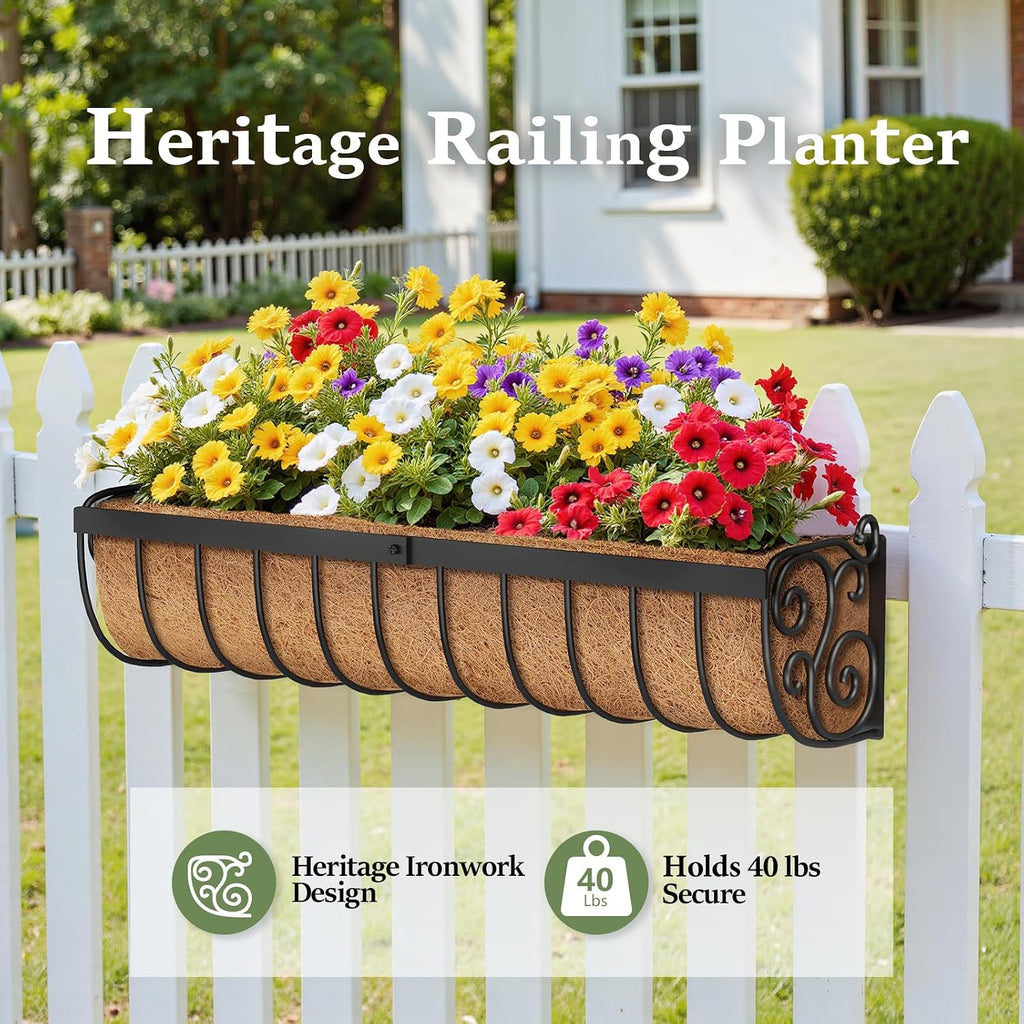 VOXOR Railing Planter Boxes, 30 Inch Window Boxes Planters, Balcony Planters with Adjustable Brackets & Coco Liner for