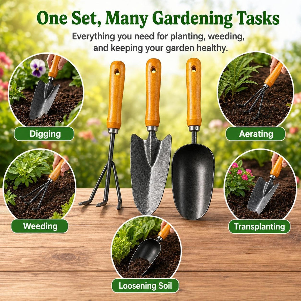 3-in-1 Heavy Duty Gardening Tools Kit, Premium Carbon Steel Garden Hand Tools with Ergonomic Wooden Handle Includes