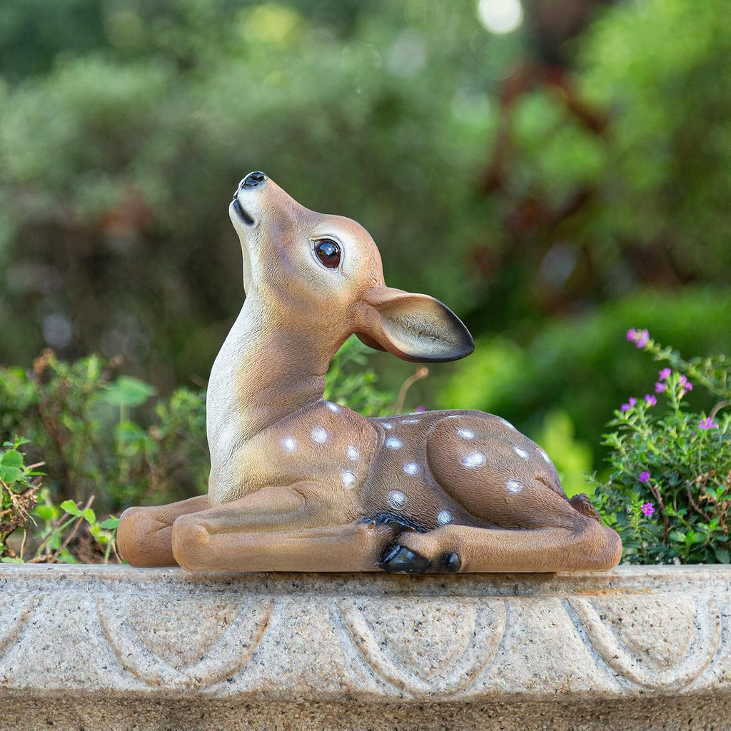 Deer Garden Statue, Outdoor Decorative Sculpture Brown with White Spots, 8.2 x 9.45 x 5.1 inches Yard Lawn Decor Deep