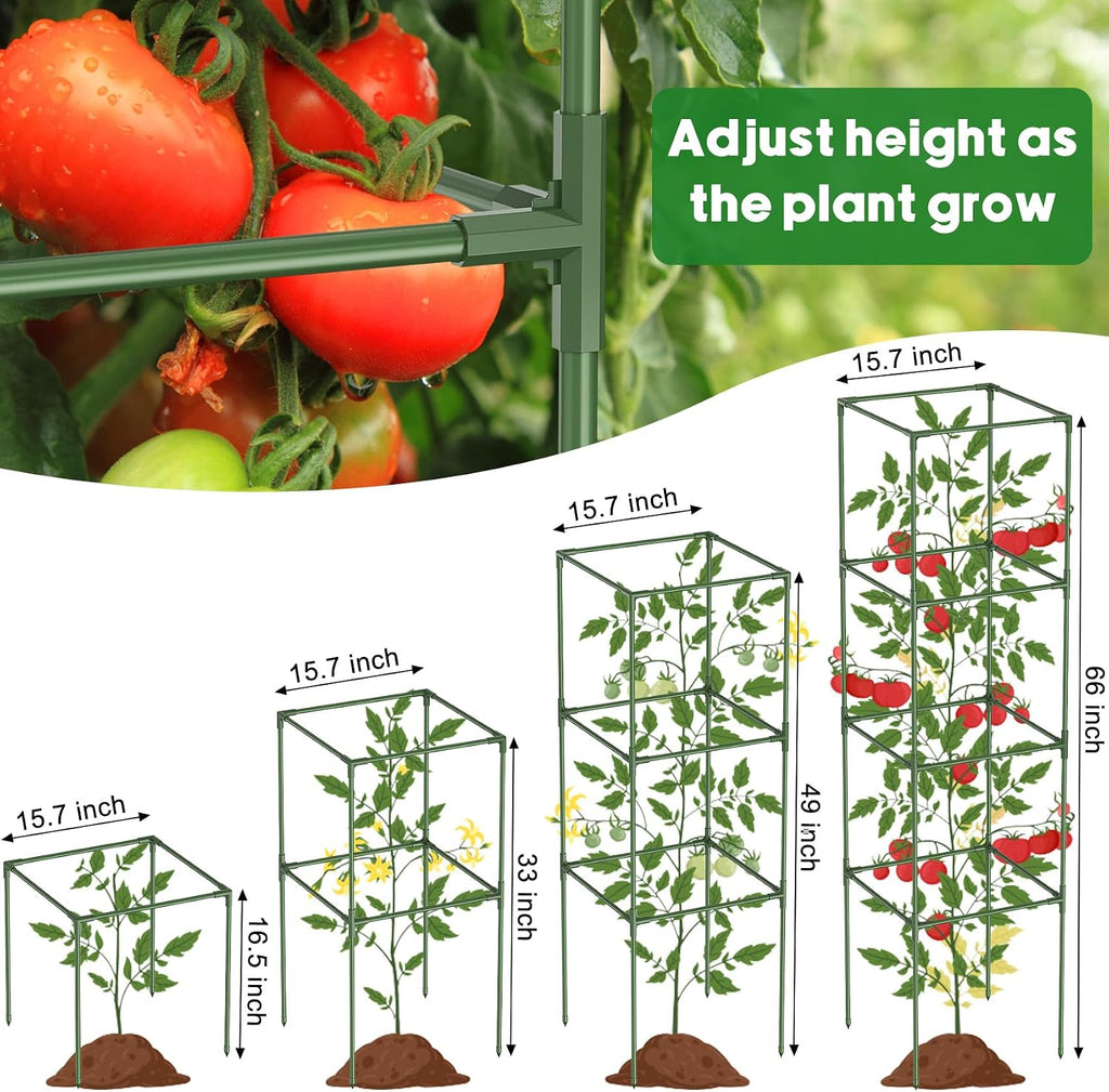 Unves 3 Pack Tomato Cage, 16" W x 66" H Tomato Trellis, with 50 Pcs Clips | Square Tomato Cage Support Frame, Suitable