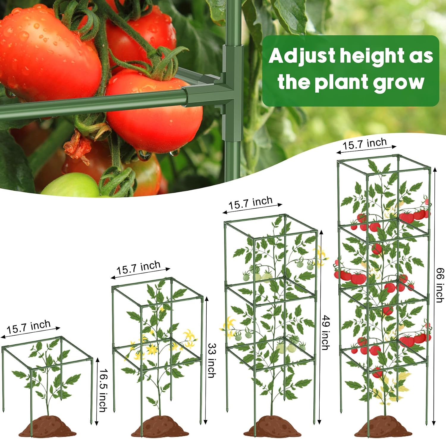 Unves 3 Pack Tomato Cage, 16" W x 66" H Tomato Trellis, with 50 Pcs Clips | Square Tomato Cage Support Frame, Suitable