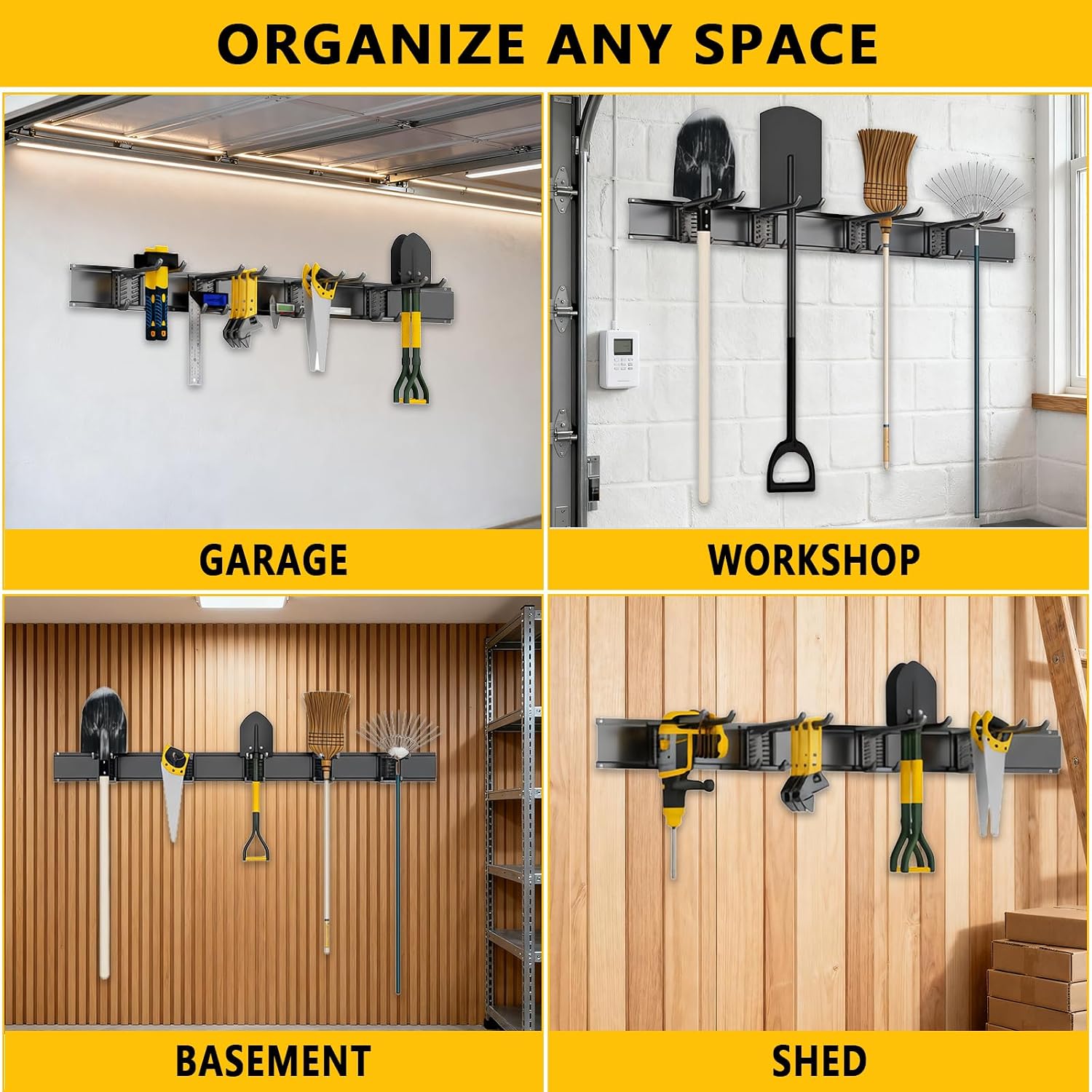 Garage Tool Organizer Wall Mount, 48inch Heavy-Duty Garage Storage System and Garden Tool Organizer with 6 Adjustable