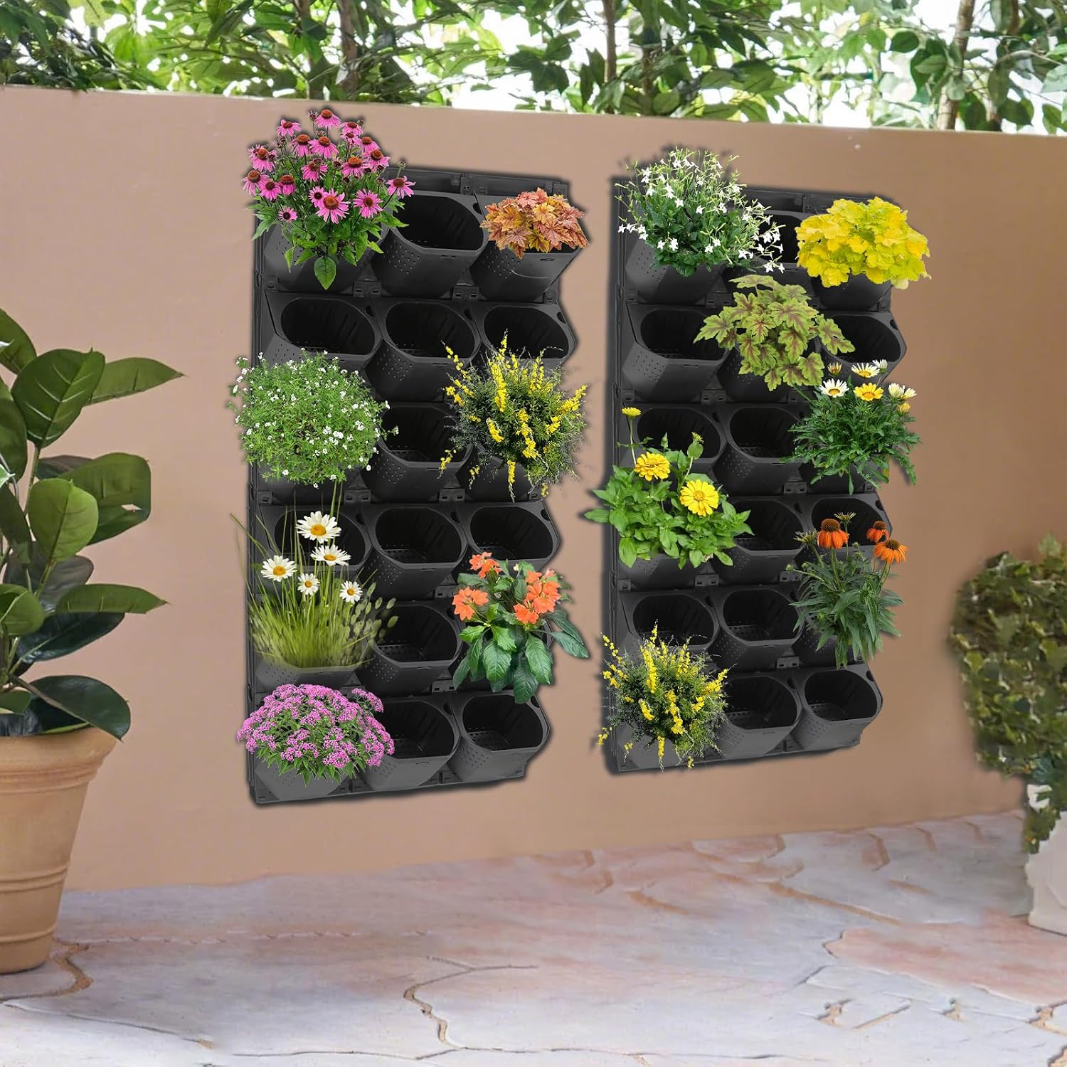 Vertical Wall Planter, Stackable Wall-Mounted Planter Indoor Outdoor w/36 Plastic Pots Living Wall Garden w/36