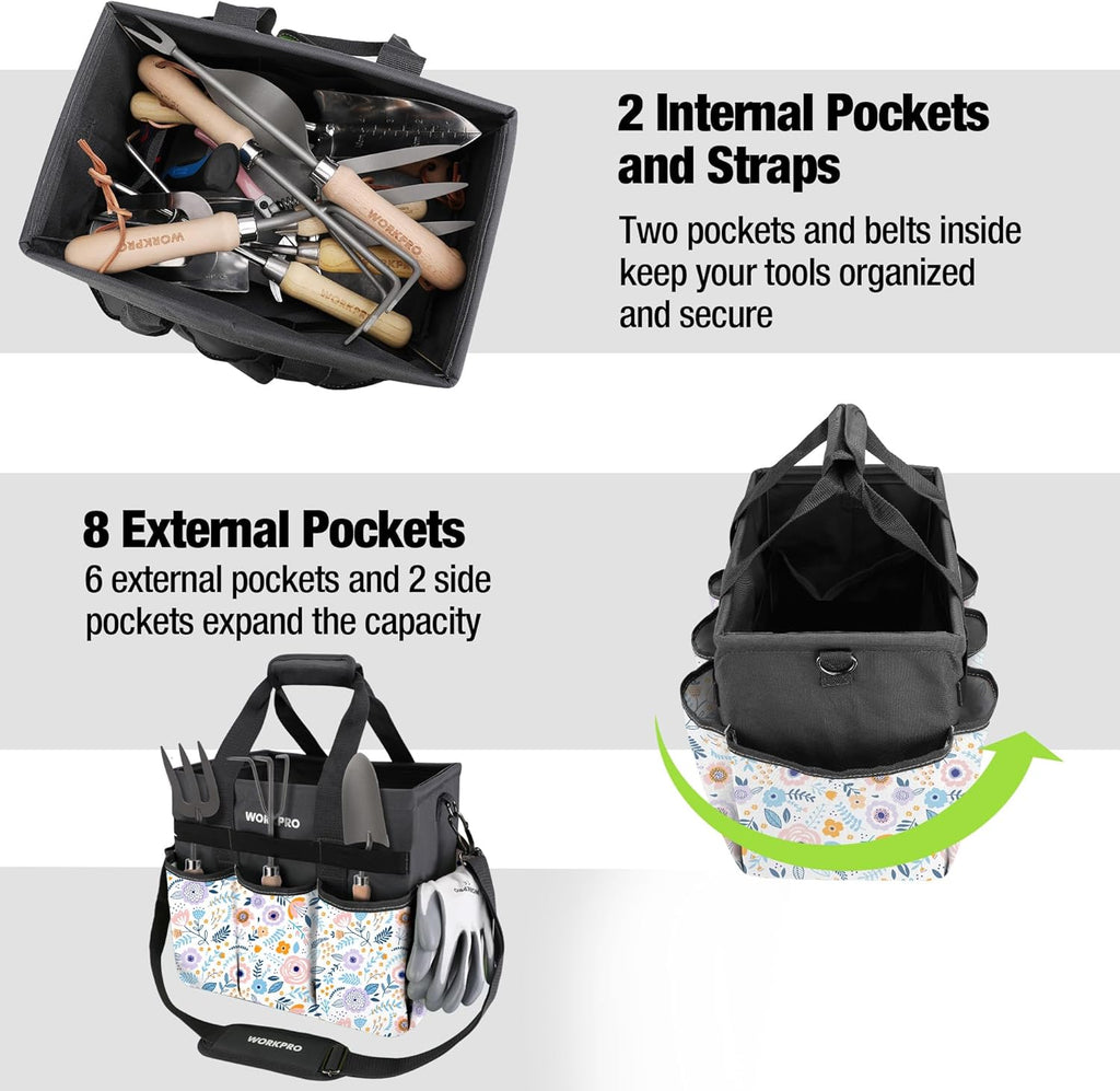 WORKPRO Garden Tool Bag, 10 Pockets and Shoulder Strap, Floral White | Heavy Duty Gardening Organizer Tote Bag