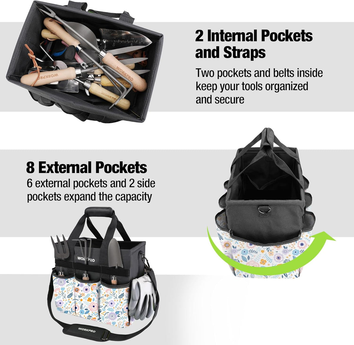 WORKPRO Garden Tool Bag, 10 Pockets and Shoulder Strap, Floral White | Heavy Duty Gardening Organizer Tote Bag